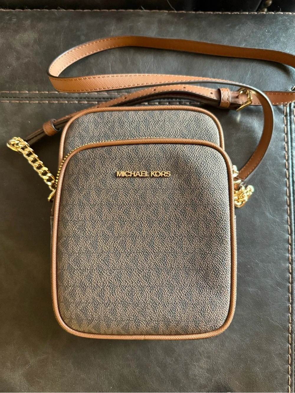 Michael Kors Brown Signature Jet Set Travel Medium Crossbody with Gold Hardware